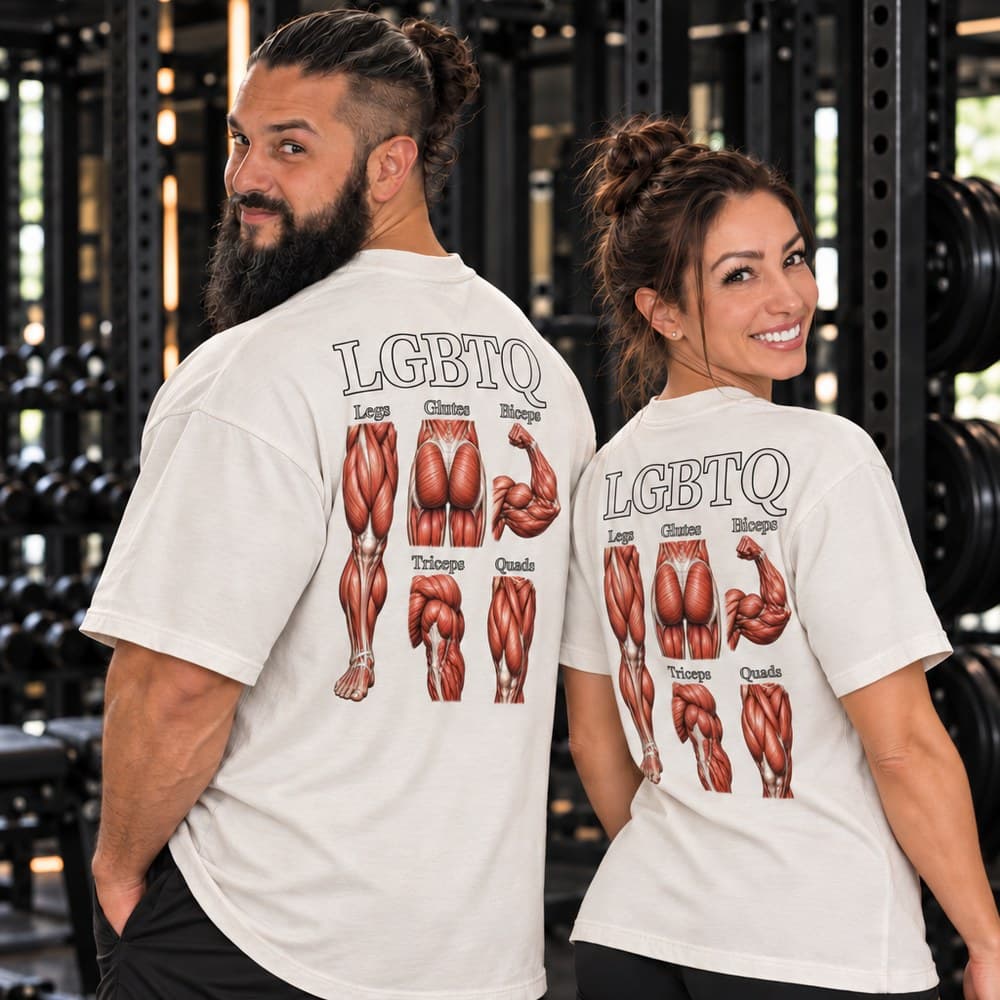 Lifter from behind wearing the LGBTQ tee