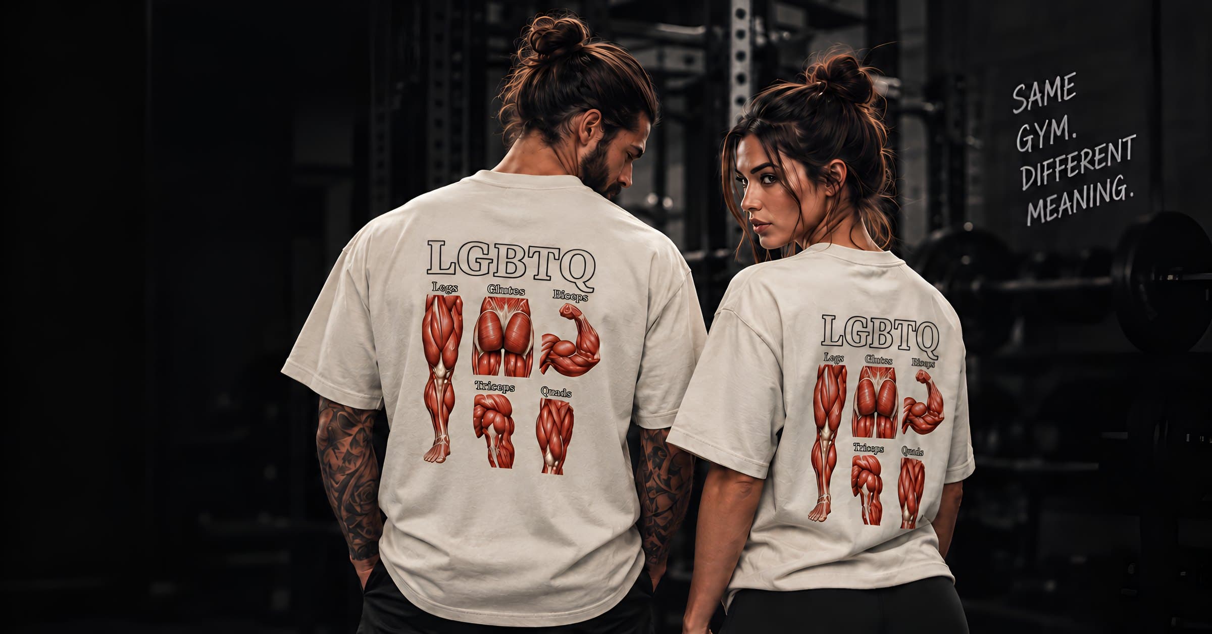 Two lifters wearing the LGBTQ tee