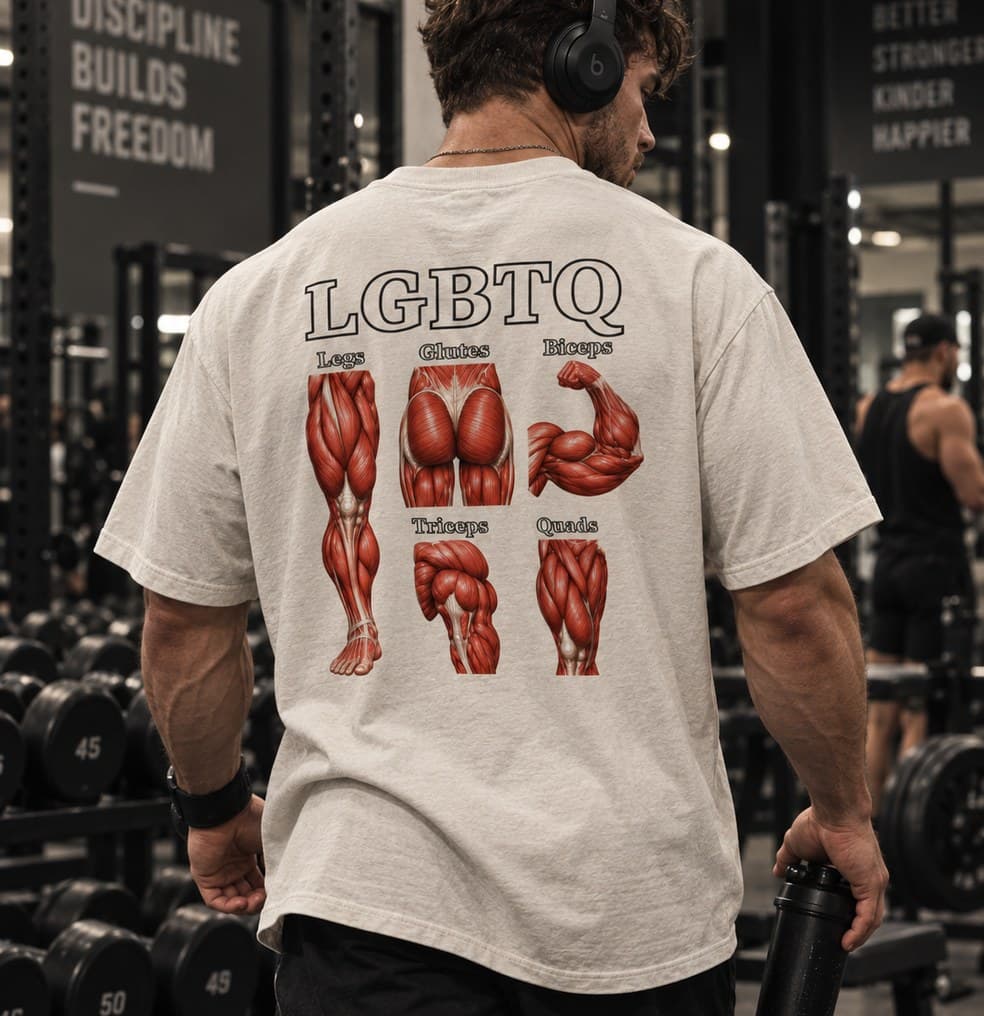 Back print of the LGBTQ tee in the gym