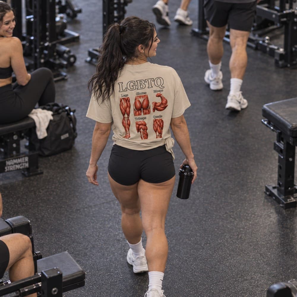 Back print of the LGBTQ tee in the gym